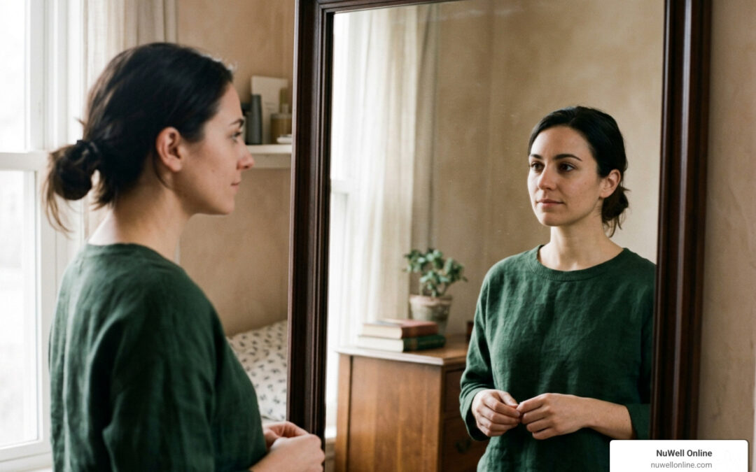 person reflecting in a mirror with soft light, sober judgment, self-assessment