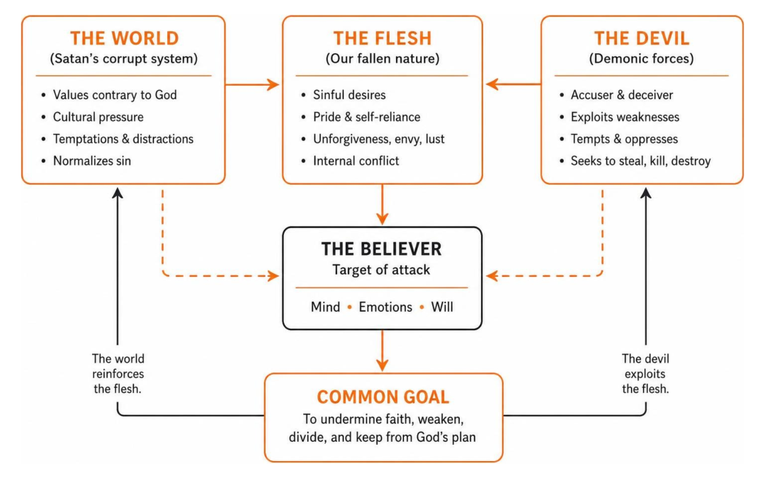 Diagram showing how the world, the flesh, and the devil interact in spiritual warfare