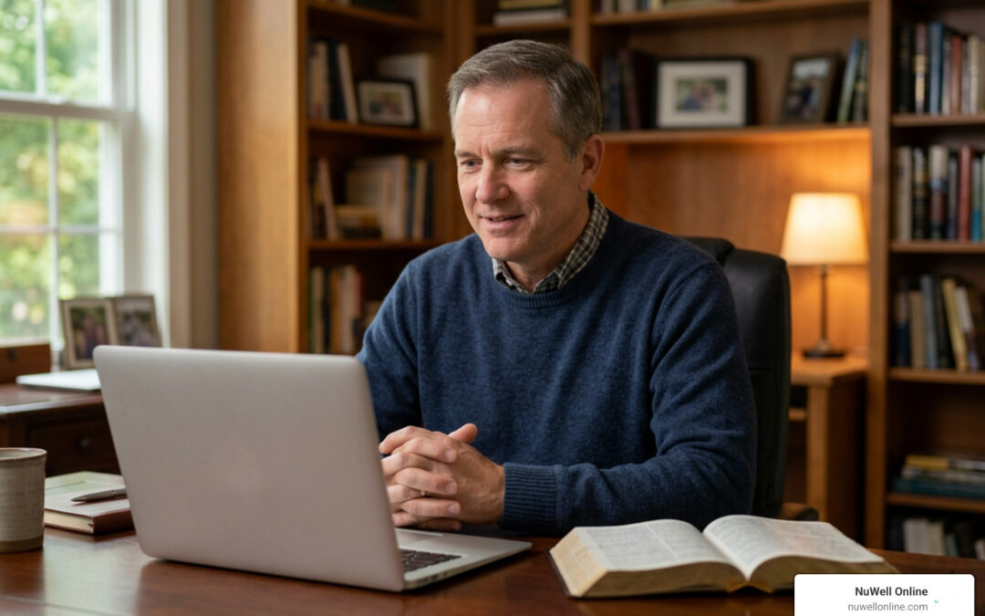 Christian counselor providing compassionate virtual pastoral guidance