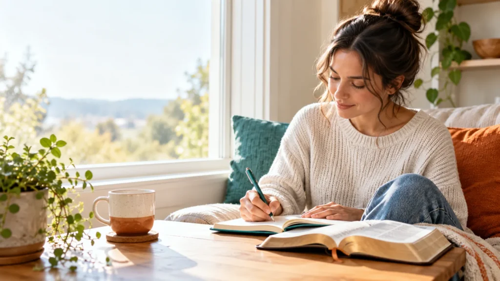 Adult writing in a journal beside an open Bible during a quiet moment of reflection.