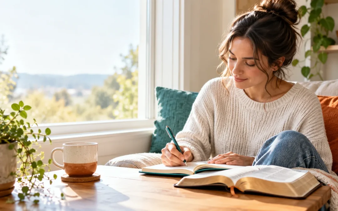 Adult writing in a journal beside an open Bible during a quiet moment of reflection.