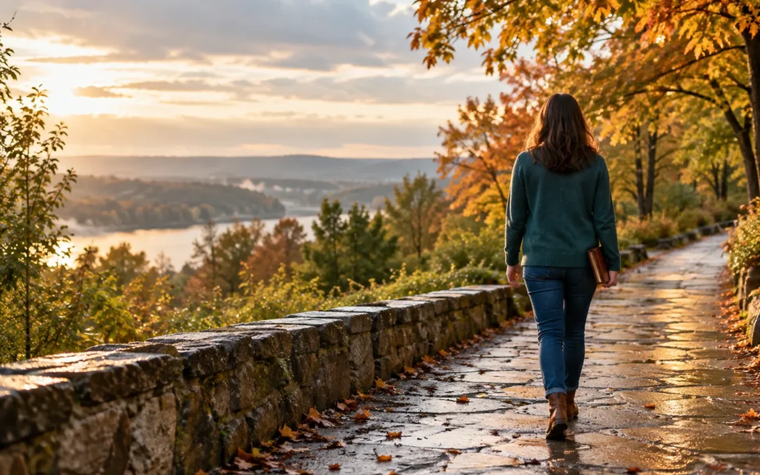A person walks along a quiet sunlit path while carrying a journal during divorce recovery.