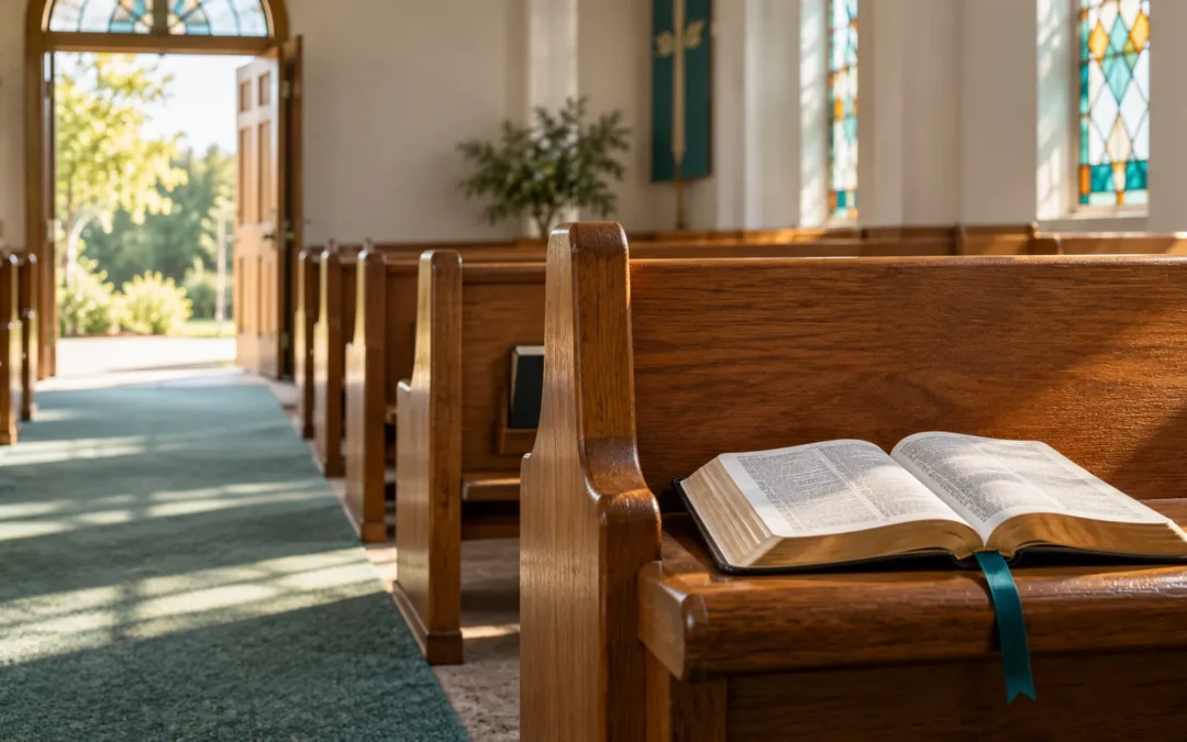 An empty church aisle leading toward an open door lit by daylight.
