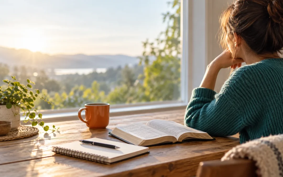 A person reflects beside an open Bible and notebook while making a difficult decision.