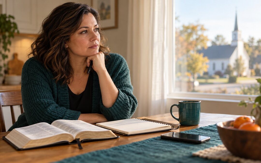 Woman reflects beside an open Bible and notebook while a neighborhood church is visible through the window.