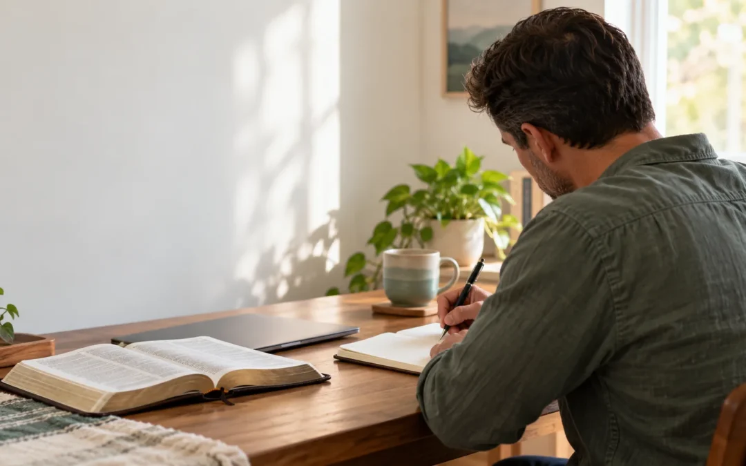 An adult writes a next-step plan beside an open Bible and closed laptop.
