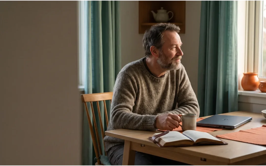 A man pauses at a kitchen table with a closed laptop, an open Bible, and a mug of tea, looking out a window.