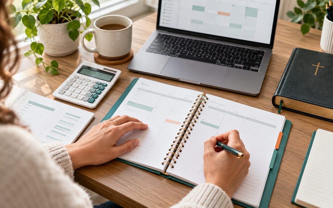 Person reviewing a planner and calculator beside a laptop and Bible while budgeting for online pastoral counseling