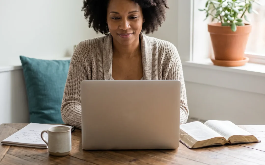 A woman smiles during an online pastoral counseling session on her laptop, with an open Bible beside her.