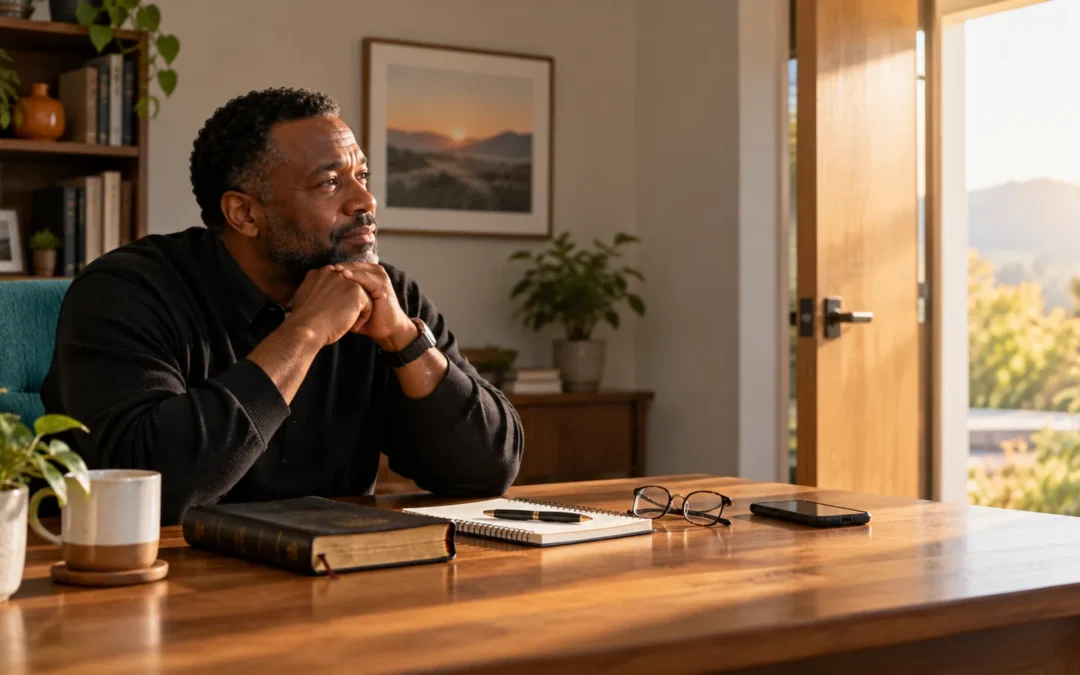 Pastor sits at a church-office desk with a Bible and planner, looking toward an open sunlit doorway.
