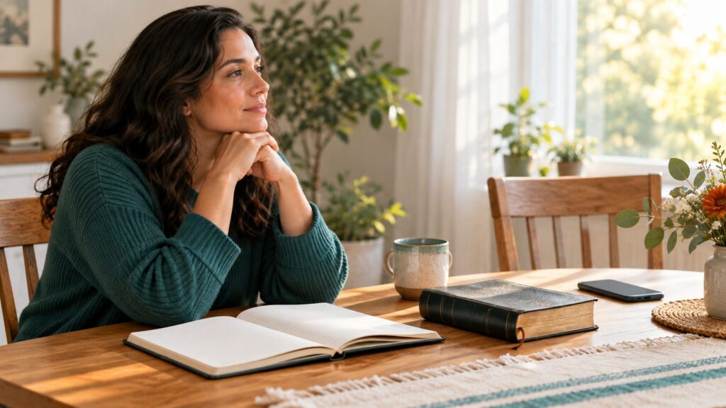 Thoughtful woman at a table with an open notebook, Bible, phone, and empty chair suggesting a supportive conversation