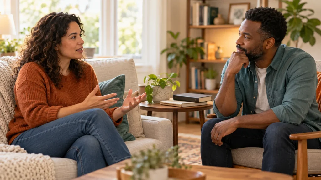 Two adults in a calm conversation in a sunlit living room