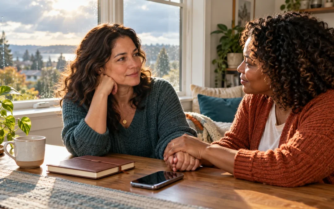 Adult reaching toward a trusted friend for support at a table in a bright home