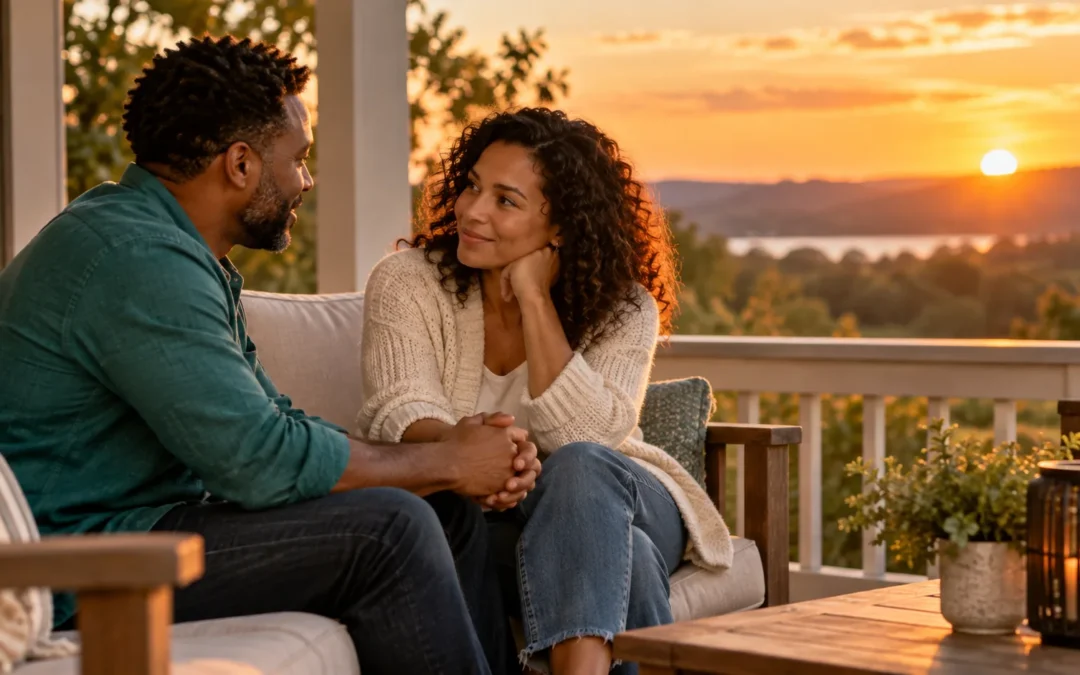 A married couple sits close together on a porch at sunset, holding hands and talking attentively.