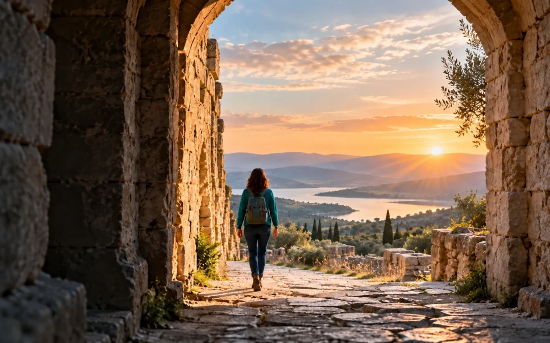 A person walks from a shadowed stone passage toward an open landscape at sunrise.