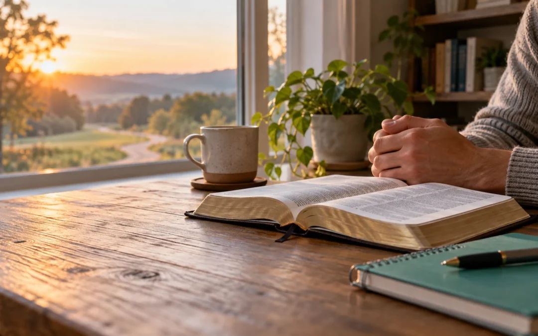 Open Bible and journal beside a window overlooking a clear path at sunrise.