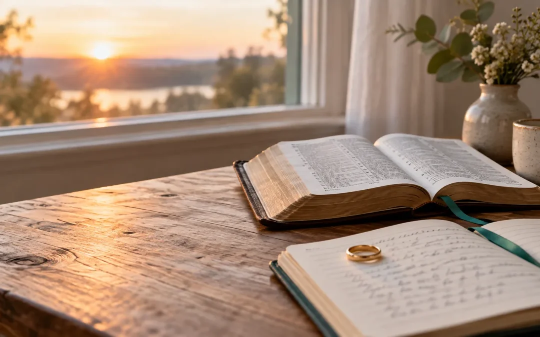 A wedding ring beside an open Bible and a warm cup of tea in quiet morning light.