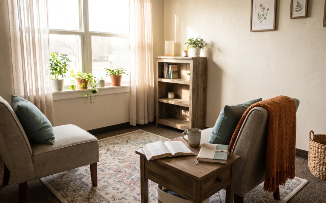 Two armchairs facing each other in a calm, sunlit counseling room with an open Bible and a cup of tea on a side table.