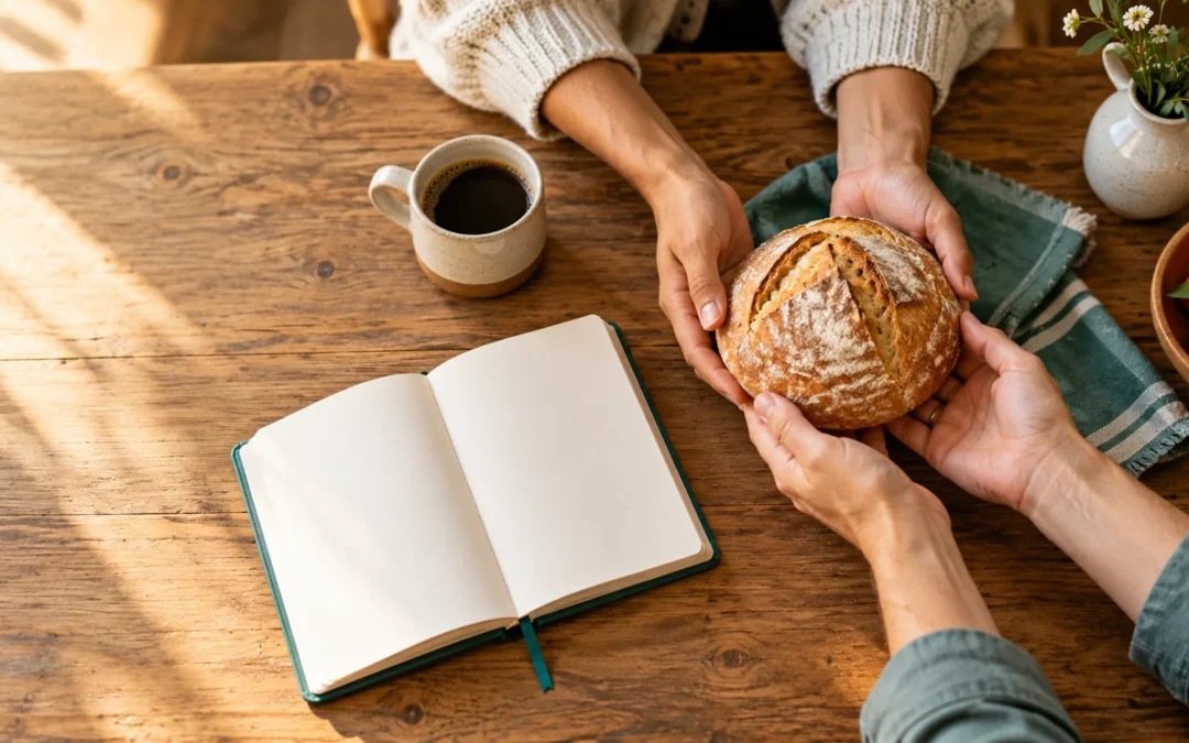 Two people share bread at a table beside an open journal, illustrating generosity and thoughtful stewardship.