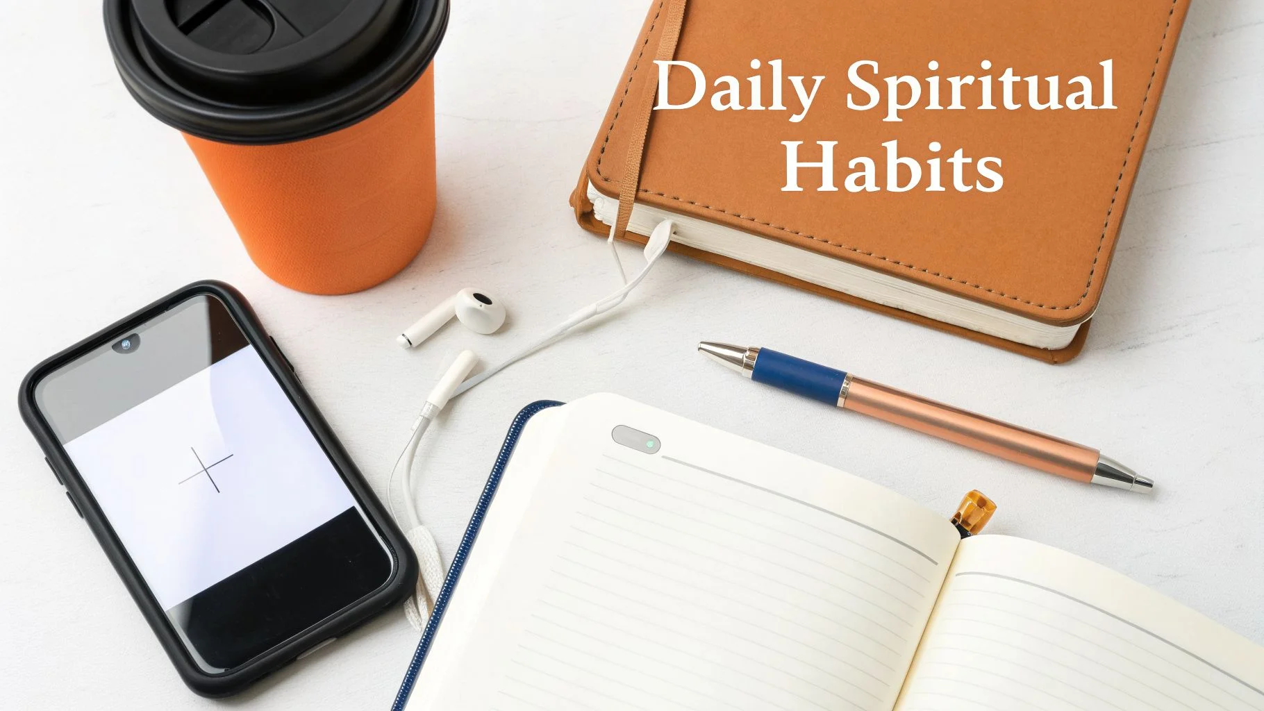 A flat lay of daily essentials including notebooks, pen, coffee, phone, and earphones for spiritual habits.